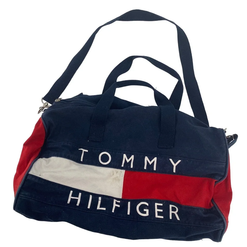 VTG Tommy Hilfiger Duffle Bag Men Blue Red Spell Out Casual Travel Gym Weekender